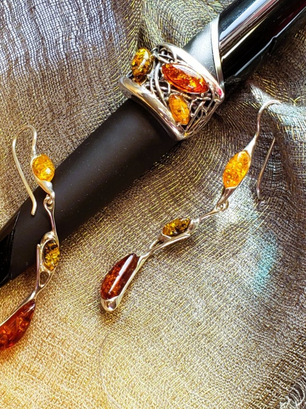 NWOT Baltic Amber .925 Silver Ring Size 7 & Earrings Set | Honey Cognac